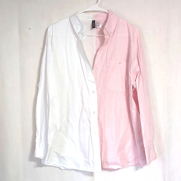 H&M Divided White Pink Split Long Sleeve Button Up Size Small - Picture 1 of 4